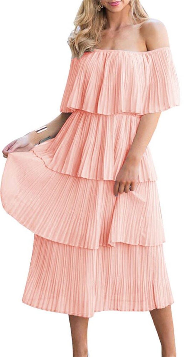 ETCYY Women's Off The Shoulder Ruffles Summer Wedding Guest Loose Casual Chiffon Long Party Beach Maxi Dress(S.Pink)